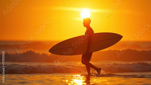 A silhouette of a surfer carrying a surfboard, walking toward the waves as the sun sets in the background. The golden sky reflects on the water, creating a stunning contrast. 
