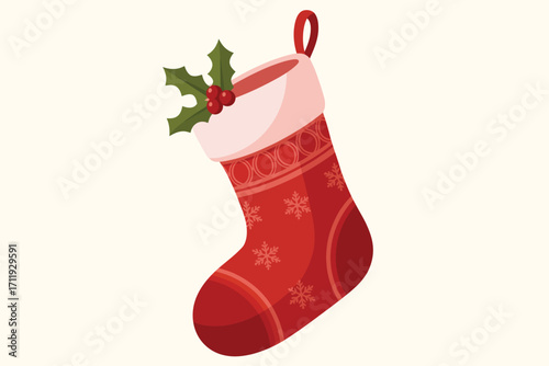 Festive red christmas stocking with holly decoration