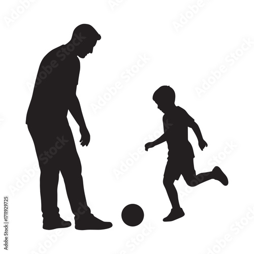 Father and son playing soccer silhouette, father and son bonding over a game of football