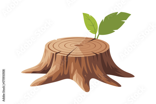 Tree stump with new growth and green leaves symbolizing rebirth and new beginnings
