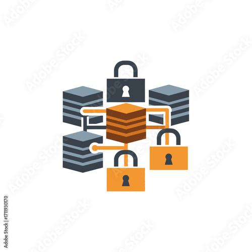 Secure Blockchain Network with Padlocks and Data Cubes Illustration.
