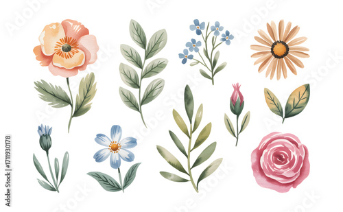 Artistic hand painted rose blossoms in soft watercolor brush tone with natural leaves.
