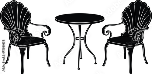 Vintage Outdoor Patio Furniture Silhouette – Elegant Table and Chairs Set for Garden, Café, Balcony, Vector Design, and Clipart Use