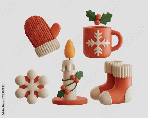 Festive christmas decorations including a candle mitten stocking mug and snowflake