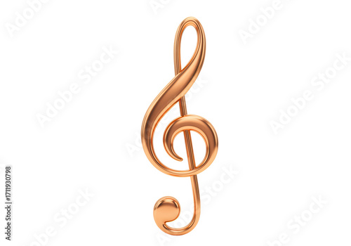 Isolated 3D musical gold treble clef sign, a symbol of music and melody, decorative note icon