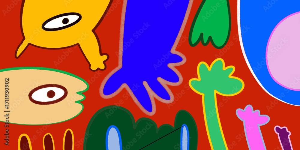 Fototapeta premium Cute and Funny cartoon colorful doodle and abstract animal, people, flower, and plant for kids and party