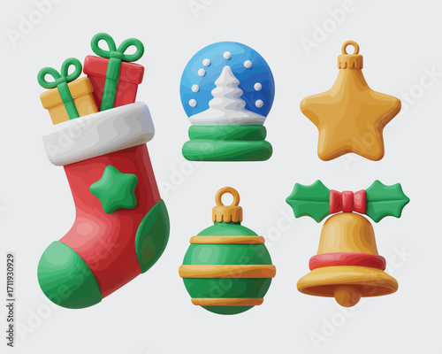 Collection of festive christmas holiday decorations in a 3d render