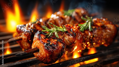 An appetizing close-up of grilled meat skewers sizzling over an open flame, celebrating the art of cooking and the tantalizing flavors of BBQ cuisine, perfect for food lovers.