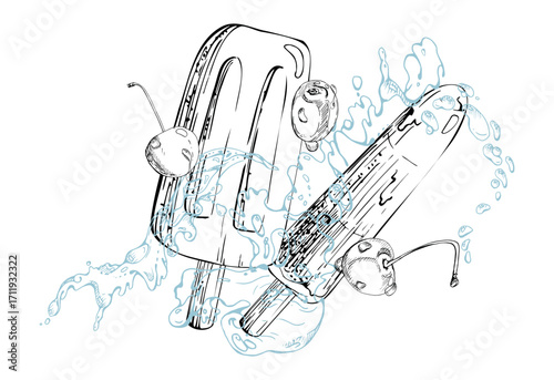 Layered ice lolly popsicle stick, cherry berry fruit juice splashes, waves and droplets. Vector graphic line illustration hand drawn in ink. Eco snack label, summer promo, tropical dessert branding