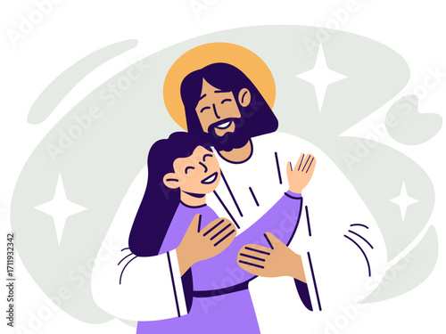 Jesus Christ hugging a little girl. Christian concept of love, mercy, kindness. Vector illustration on isolated white background