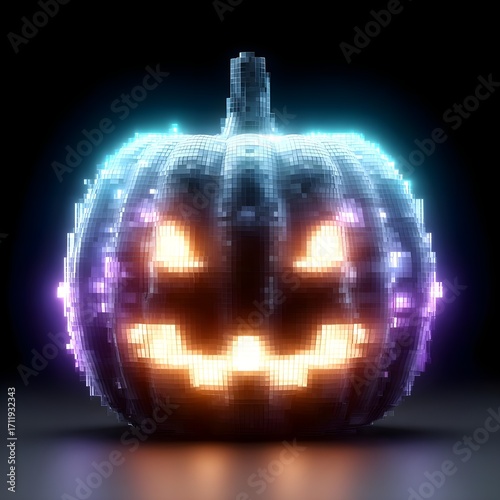 Glowing pixelated Halloween pumpkin with vibrant lights
