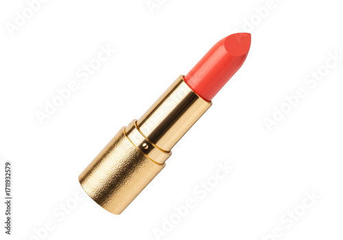 Isolated gold lipstick tube with orange shade for makeup application on lips in beauty item