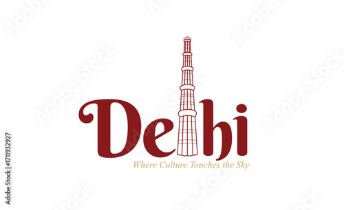 Delhi logo with Qutub Minar illustration and cultural tagline in creative typography.