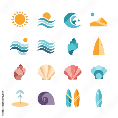 Summer Beach Icons Collection - Sun, Waves, Seashells, and Surfboards.