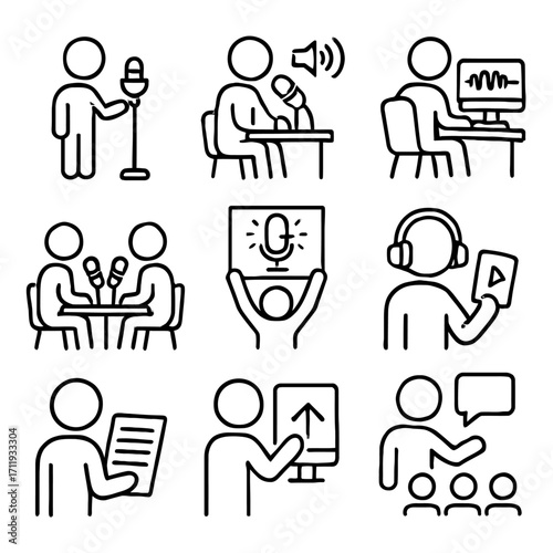 Doing a Podcast and Live Streaming Line Icons