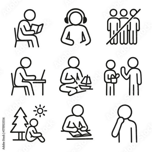 Introvert Activities and Solitude Line Icons