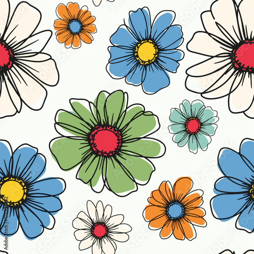 A charming pattern featuring a variety of colorful daisy-like flowers with bold outlines on a light background.
