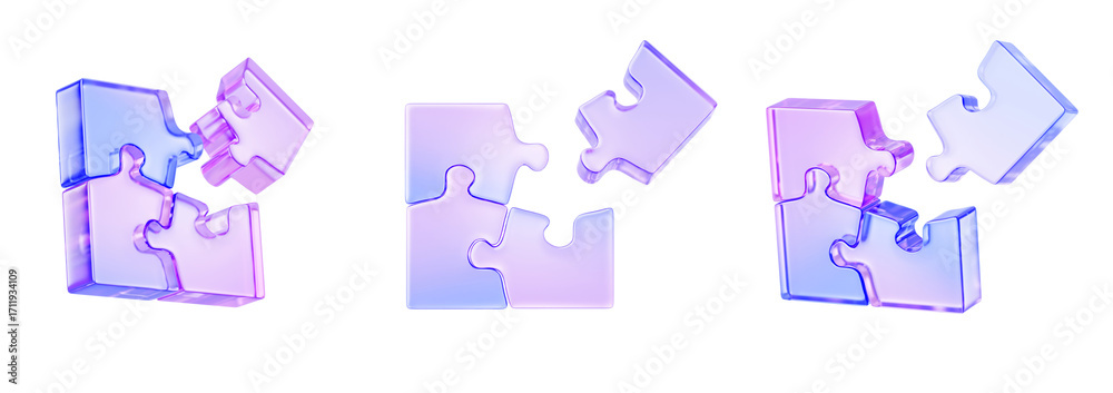 Naklejka premium Glass holographic transparent puzzle pieces 3d render icon set. Crystal jigsaw game with neon gradient texture for connection, logical thinking, problem solving, teamwork concept