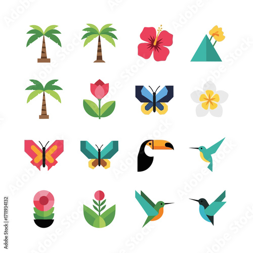 Tropical Icons Set - Palm Trees, Flowers, Butterflies, and Birds.