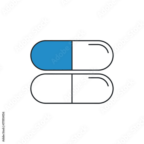Two Pill Capsules - One Blue and White, One White, Medical Treatment.
