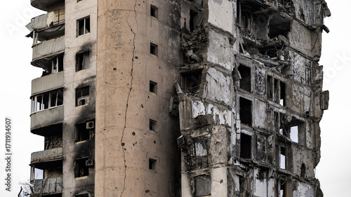 ruined street and destroyed houses the city Kiev war in Ukraine