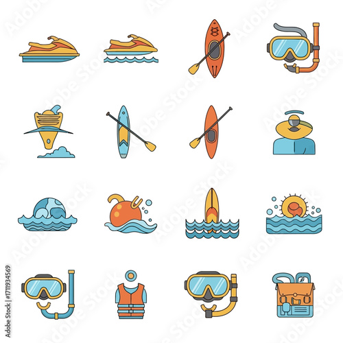 Water Sports and Activities Icons Set - Jet Ski, Kayak, Snorkeling, Surfing.