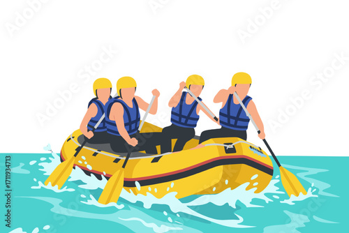 Adventure Team White Water Rafting in Mountain River – Group Paddling in Yellow Inflatable Boat with Helmets and Life Jackets – Outdoor Extreme Sport Concept