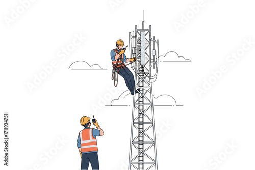 Telecommunication Tower Technicians Working on Cellular Antenna – Engineers in Safety Gear Installing and Maintaining Wireless Network Equipment