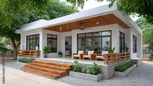 Modern outdoor living space with stylish design, natural elements, and inviting atmosphere in sunny environment