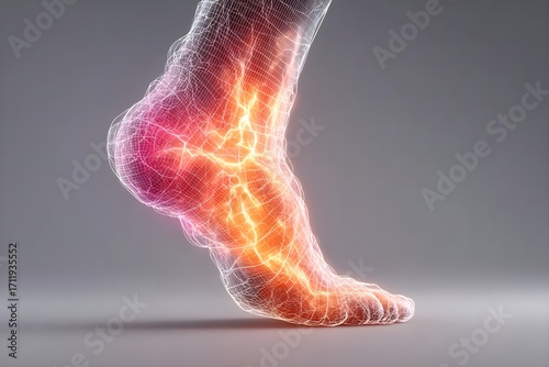 Digital illustration of a glowing human foot anatomy