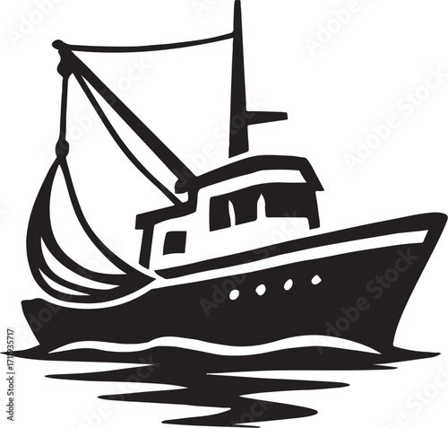 PrintBlack and white illustration of a fishing trawler at sea