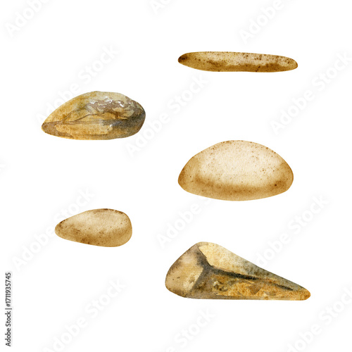 Natural smooth rocks pebbles mineral chips sandstone agate jasper. Single object illustration, watercolor hand drawn. Spa treatment, massage salon, zen meditation, semi-precious stone handmade jewelry