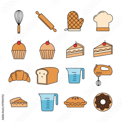 Baking and Pastry Icons - Whisk, Rolling Pin, Oven Mitt, Chef Hat, Cupcake, Croissant, Bread, Pie.