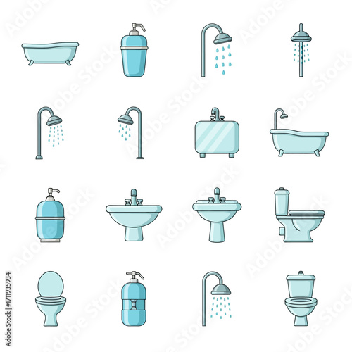 Bathroom Fixtures Icons - Bathtub, Shower, Sink, Toilet, and Soap Dispenser.