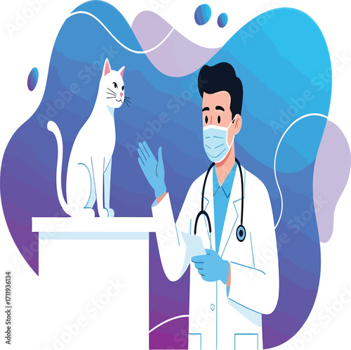 Vector, illustration, veterinarian with a cat, abstract background