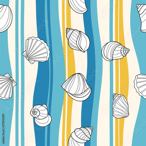 Seamless pattern featuring various seashells against a backdrop of wavy blue yellow and cream stripes.