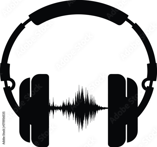Silhouette of headphones with sound wave inside, audio technology, music listening, sound design, DJ equipment, podcast, vector illustration, black icon