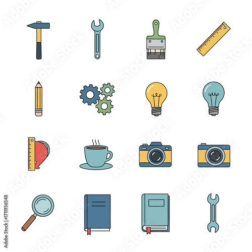 Assorted Tools and Objects - Hammer, Wrench, Brush, Ruler, Pencil, Gears, Light Bulbs, Protractor, Coffee, Cameras, Magnifier, Books.