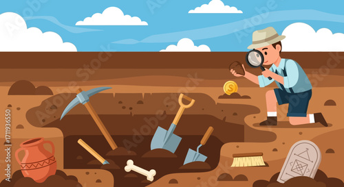 Archaeologist Excavating Ancient Artifacts with Tools and Magnifying Glass.