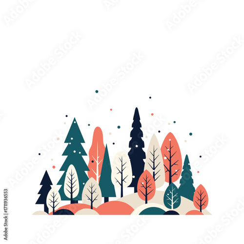 A collection of abstract trees in various shapes and sizes with a hint of winter falling gently.