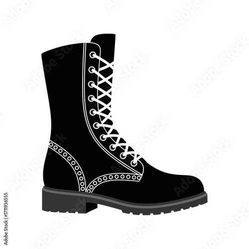 Black Lace-Up Combat Boot Illustration with White Laces and Detailed Sole.