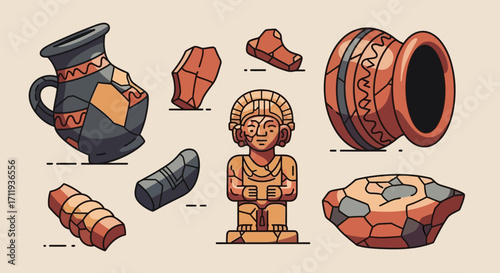Ancient Artifacts Collection - Pottery, Statue, and Stone Fragments.