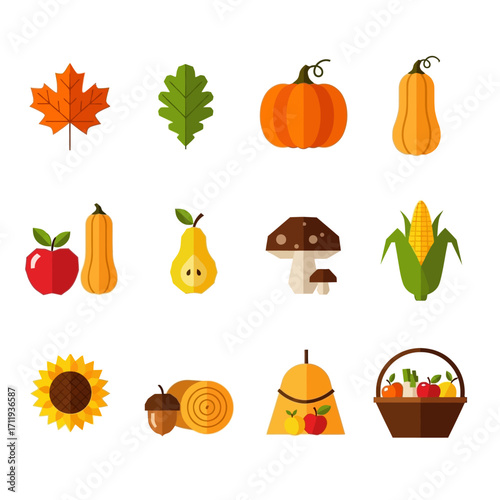 Autumn Harvest Flat Design Icons - Leaves, Pumpkins, Corn, and More.