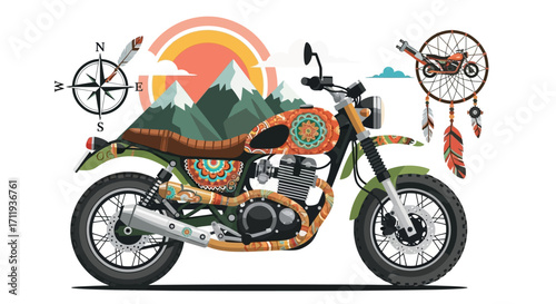 Boho Motorcycle with Dream Catcher and Compass, Artistic Design.