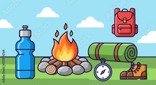 Camping Essentials - Bonfire, Backpack, Water Bottle, Compass, Sleeping Mat, and Hiking Boots.
