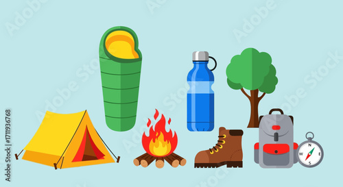 Camping Essentials - Tent, Sleeping Bag, Water Bottle, Fire, Boots, Backpack, Compass, and Tree.