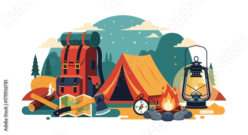 Camping Scene with Tent, Backpack, Lantern, and Campfire Illustration.