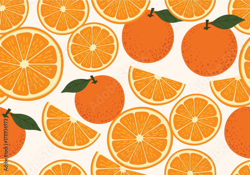 A vibrant pattern of freshly cut oranges and whole citrus fruits offers a burst of natural color and juicy goodness.
