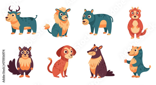 Cartoon Animal Characters - Deer, Lion, Hippo, Bear, Fox, Dog, Wolf, Lizard.