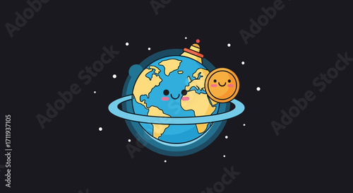 Cartoon Earth with Smiling Coin and Traffic Cone in Space.